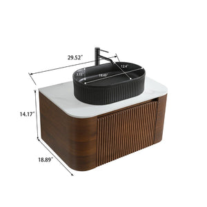 English Elm Erba 30 Inch Fluted Wall Mount Bathroom Vanity with Ceramic Basin and Soft Close Storage Walnut Black W1865S00270