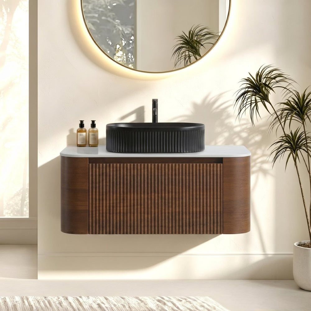 English Elm Erba 36 Inch Fluted Bathroom Vanity with Ceramic Vessel Sink and Matching Towel Rack Walnut Black W1865S00271