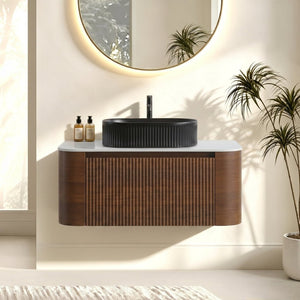 English Elm Erba 36 Inch Fluted Bathroom Vanity with Ceramic Vessel Sink and Matching Towel Rack Walnut Black W1865S00271