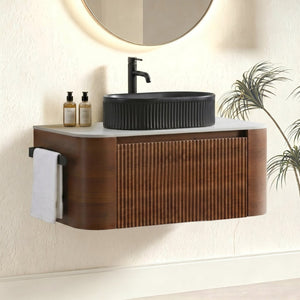 English Elm Erba 36 Inch Fluted Bathroom Vanity with Ceramic Vessel Sink and Matching Towel Rack Walnut Black W1865S00271