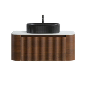 English Elm Erba 36 Inch Fluted Bathroom Vanity with Ceramic Vessel Sink and Matching Towel Rack Walnut Black W1865S00271