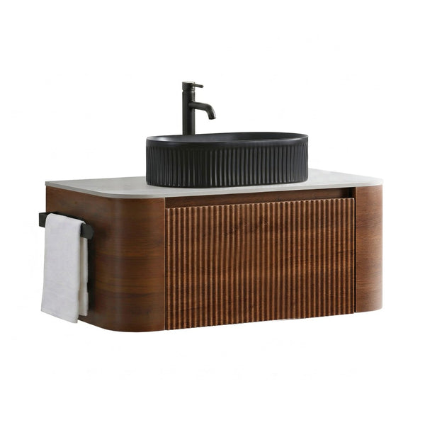 English Elm Erba 36 Inch Fluted Bathroom Vanity with Ceramic Vessel Sink and Matching Towel Rack Walnut Black W1865S00271