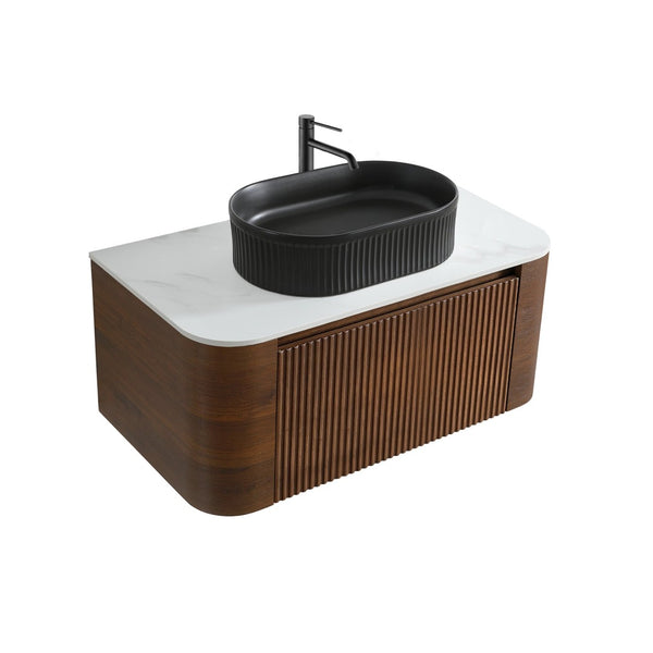 English Elm Erba 36 Inch Fluted Bathroom Vanity with Ceramic Vessel Sink and Matching Towel Rack Walnut Black W1865S00271