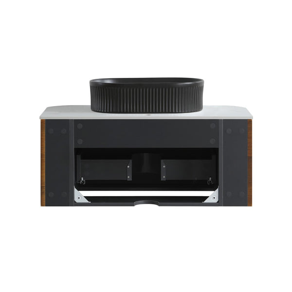 English Elm Erba 36 Inch Fluted Bathroom Vanity with Ceramic Vessel Sink and Matching Towel Rack Walnut Black W1865S00271