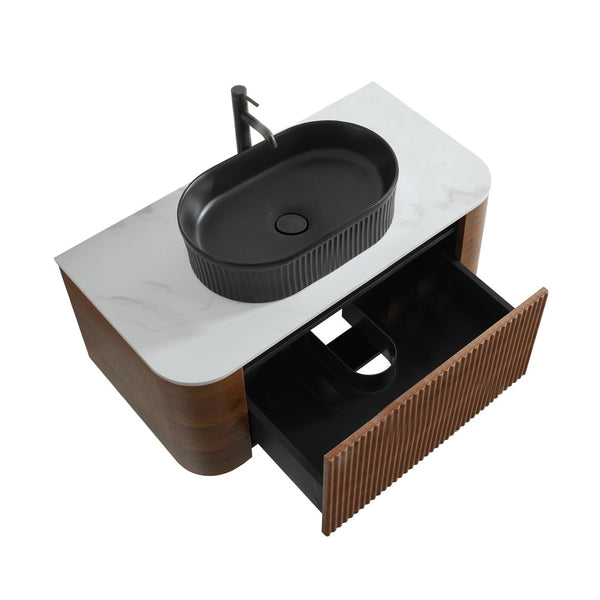 English Elm Erba 36 Inch Fluted Bathroom Vanity with Ceramic Vessel Sink and Matching Towel Rack Walnut Black W1865S00271