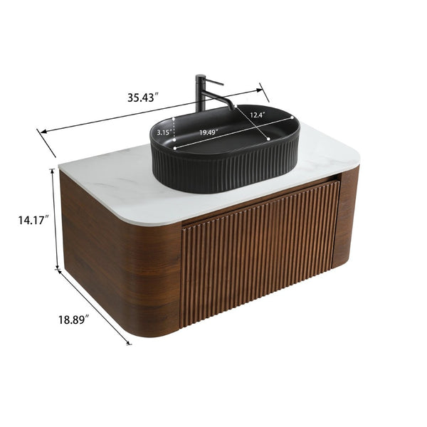 English Elm Erba 36 Inch Fluted Bathroom Vanity with Ceramic Vessel Sink and Matching Towel Rack Walnut Black W1865S00271