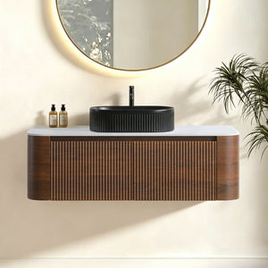 English Elm Erba 48 Inch Fluted Wall Mount Bathroom Vanity with Oval Ceramic Basin and Towel Rack Walnut Black W1865S00272