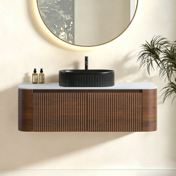 English Elm Erba 48 Inch Fluted Wall Mount Bathroom Vanity with Oval Ceramic Basin and Towel Rack Walnut Black W1865S00272