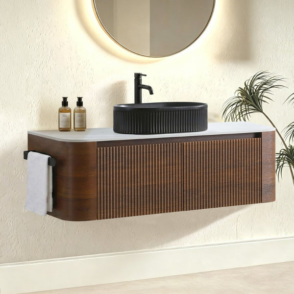 English Elm Erba 48 Inch Fluted Wall Mount Bathroom Vanity with Oval Ceramic Basin and Towel Rack Walnut Black W1865S00272
