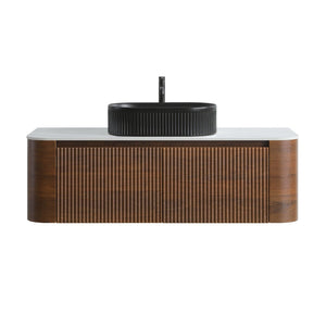 English Elm Erba 48 Inch Fluted Wall Mount Bathroom Vanity with Oval Ceramic Basin and Towel Rack Walnut Black W1865S00272