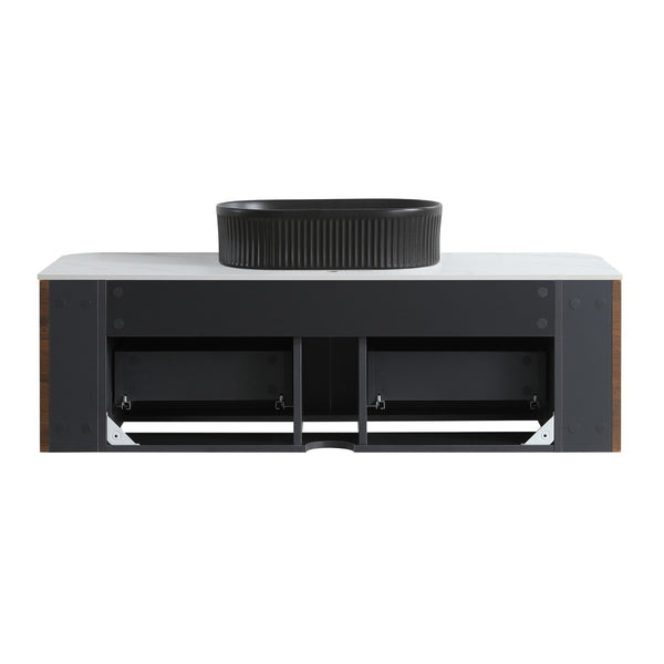 English Elm Erba 48 Inch Fluted Wall Mount Bathroom Vanity with Oval Ceramic Basin and Towel Rack Walnut Black W1865S00272