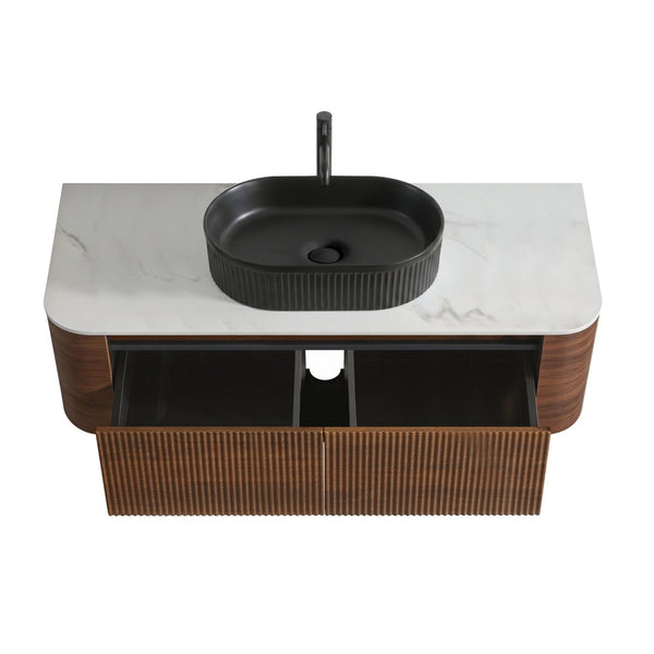 English Elm Erba 48 Inch Fluted Wall Mount Bathroom Vanity with Oval Ceramic Basin and Towel Rack Walnut Black W1865S00272