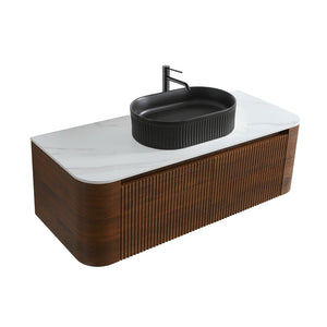 English Elm Erba 48 Inch Fluted Wall Mount Bathroom Vanity with Oval Ceramic Basin and Towel Rack Walnut Black W1865S00272