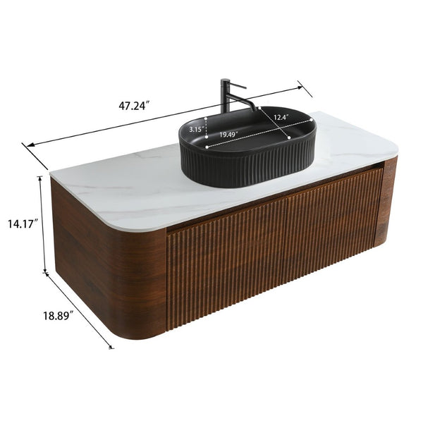 English Elm Erba 48 Inch Fluted Wall Mount Bathroom Vanity with Oval Ceramic Basin and Towel Rack Walnut Black W1865S00272