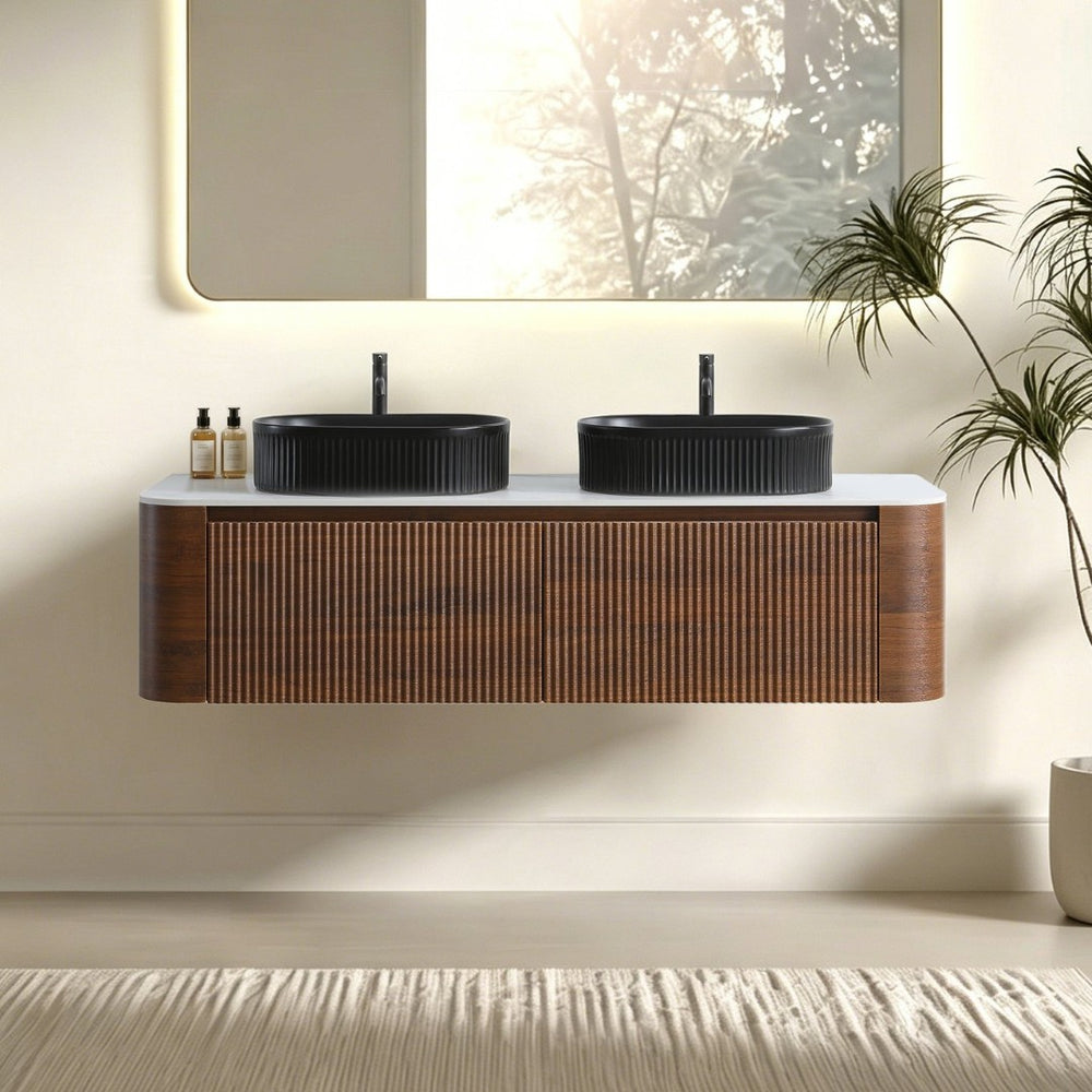 English Elm Erba 60 Inch Double Sink Bathroom Vanity Fluted Panels Oval Ceramic Basins Spa Style Walnut Black W1865S00273