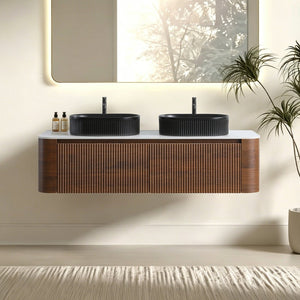 English Elm Erba 60 Inch Double Sink Bathroom Vanity Fluted Panels Oval Ceramic Basins Spa Style Walnut Black W1865S00273