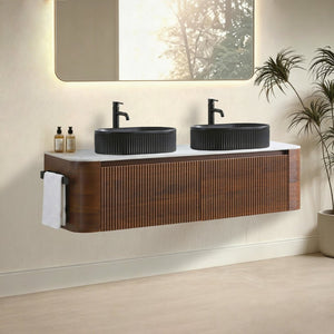 English Elm Erba 60 Inch Double Sink Bathroom Vanity Fluted Panels Oval Ceramic Basins Spa Style Walnut Black W1865S00273
