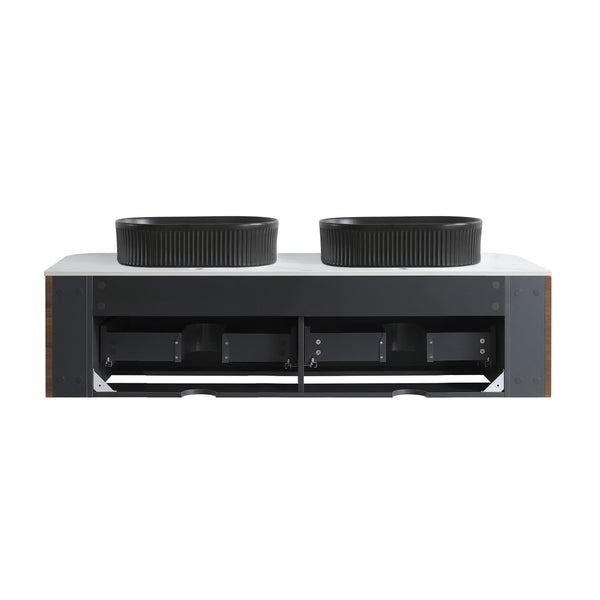English Elm Erba 60 Inch Double Sink Bathroom Vanity Fluted Panels Oval Ceramic Basins Spa Style Walnut Black W1865S00273