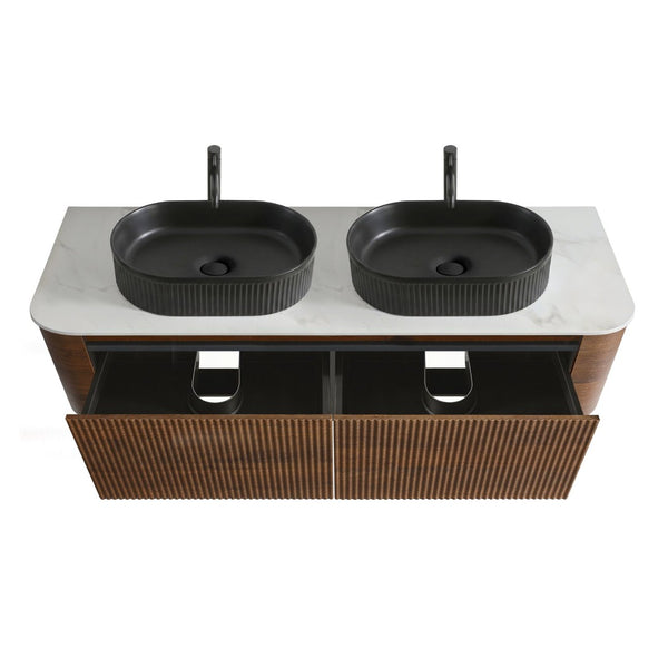English Elm Erba 60 Inch Double Sink Bathroom Vanity Fluted Panels Oval Ceramic Basins Spa Style Walnut Black W1865S00273