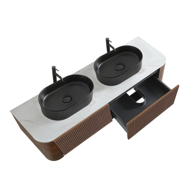 English Elm Erba 60 Inch Double Sink Bathroom Vanity Fluted Panels Oval Ceramic Basins Spa Style Walnut Black W1865S00273