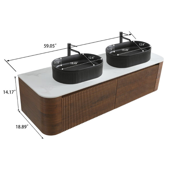 English Elm Erba 60 Inch Double Sink Bathroom Vanity Fluted Panels Oval Ceramic Basins Spa Style Walnut Black W1865S00273