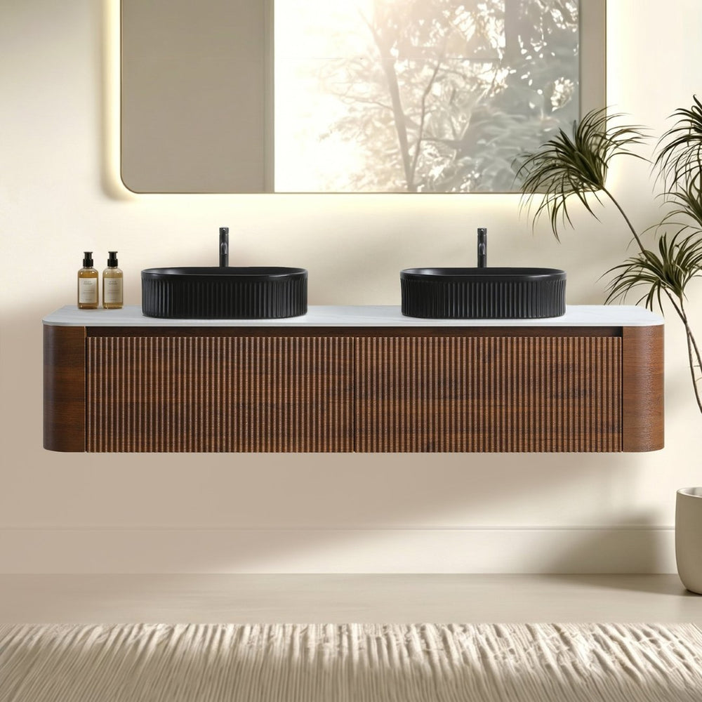 English Elm Erba 72 Inch Double Sink Bathroom Vanity Fluted Cabinet with Sintered Stone Top Walnut Black W1865S00274
