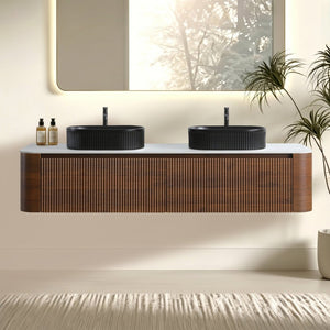 English Elm Erba 72 Inch Double Sink Bathroom Vanity Fluted Cabinet with Sintered Stone Top Walnut Black W1865S00274