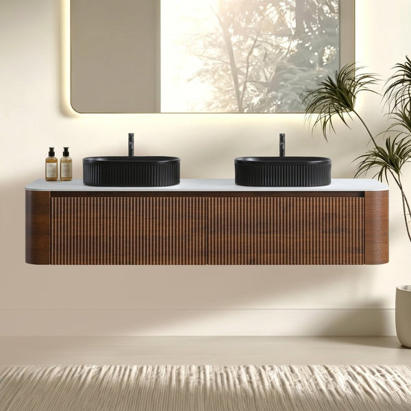 English Elm Erba 72 Inch Double Sink Bathroom Vanity Fluted Cabinet with Sintered Stone Top Walnut Black W1865S00274