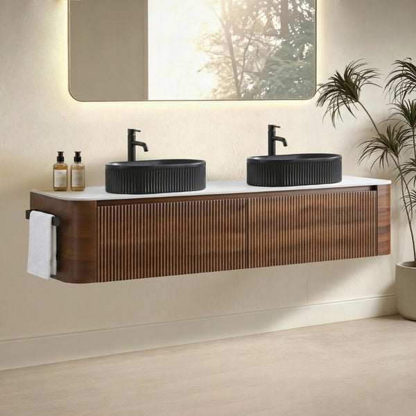 English Elm Erba 72 Inch Double Sink Bathroom Vanity Fluted Cabinet with Sintered Stone Top Walnut Black W1865S00274
