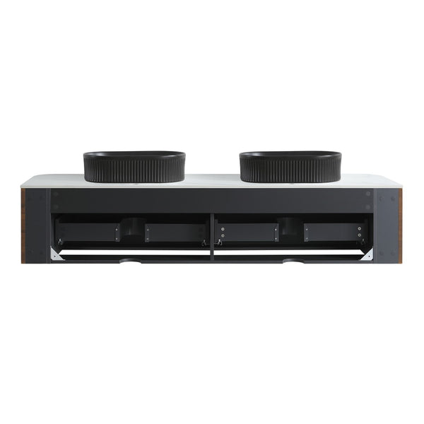 English Elm Erba 72 Inch Double Sink Bathroom Vanity Fluted Cabinet with Sintered Stone Top Walnut Black W1865S00274