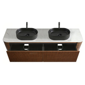 English Elm Erba 72 Inch Double Sink Bathroom Vanity Fluted Cabinet with Sintered Stone Top Walnut Black W1865S00274