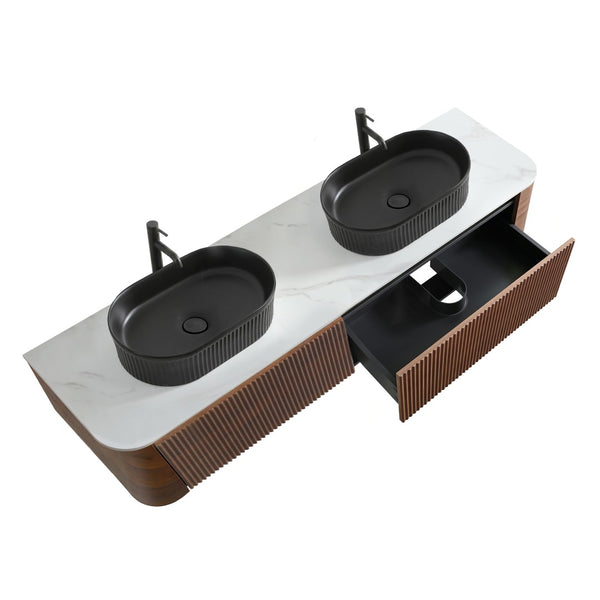 English Elm Erba 72 Inch Double Sink Bathroom Vanity Fluted Cabinet with Sintered Stone Top Walnut Black W1865S00274