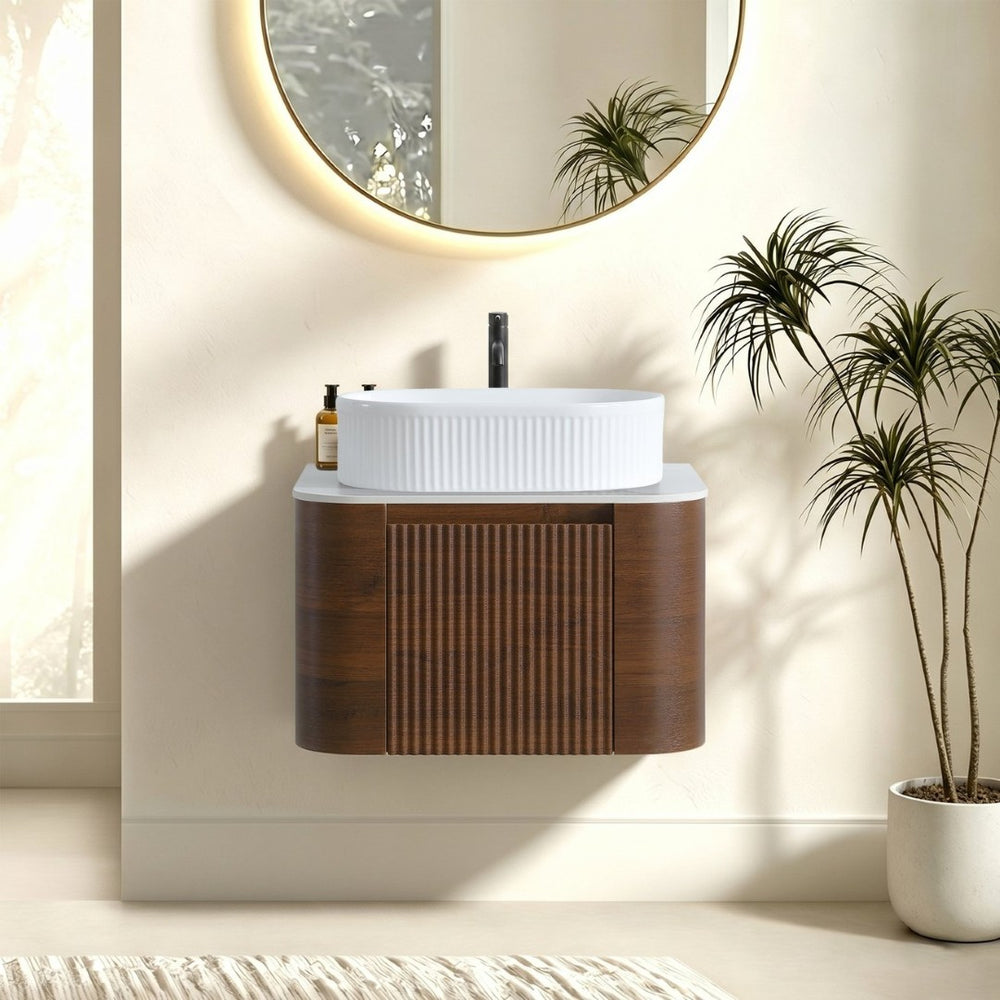 English Elm Erba 24 Inch Fluted Wall Mount Bathroom Vanity with Oval Ceramic Sink and Towel Rack Walnut White W1865S00275