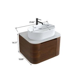 English Elm Erba 24 Inch Fluted Wall Mount Bathroom Vanity with Oval Ceramic Sink and Towel Rack Walnut White W1865S00275