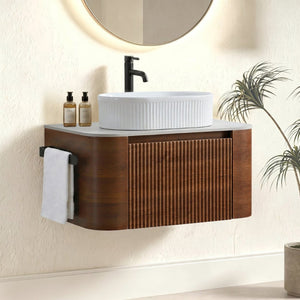 English Elm Erba 30 Inch Fluted Wall Mount Bathroom Vanity with Ceramic Basin and Soft Close Storage Walnut White W1865S00276