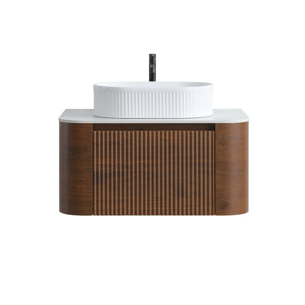 English Elm Erba 30 Inch Fluted Wall Mount Bathroom Vanity with Ceramic Basin and Soft Close Storage Walnut White W1865S00276