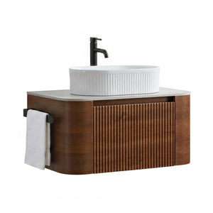 English Elm Erba 30 Inch Fluted Wall Mount Bathroom Vanity with Ceramic Basin and Soft Close Storage Walnut White W1865S00276