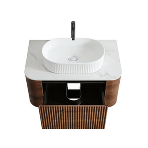 English Elm Erba 30 Inch Fluted Wall Mount Bathroom Vanity with Ceramic Basin and Soft Close Storage Walnut White W1865S00276
