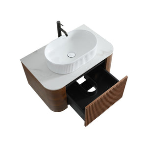 English Elm Erba 30 Inch Fluted Wall Mount Bathroom Vanity with Ceramic Basin and Soft Close Storage Walnut White W1865S00276