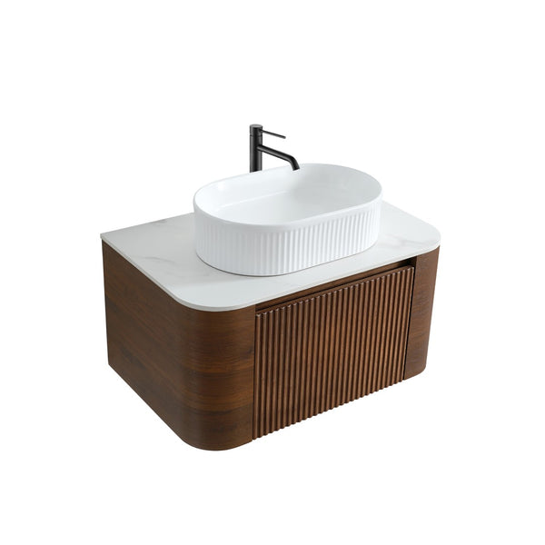 English Elm Erba 30 Inch Fluted Wall Mount Bathroom Vanity with Ceramic Basin and Soft Close Storage Walnut White W1865S00276