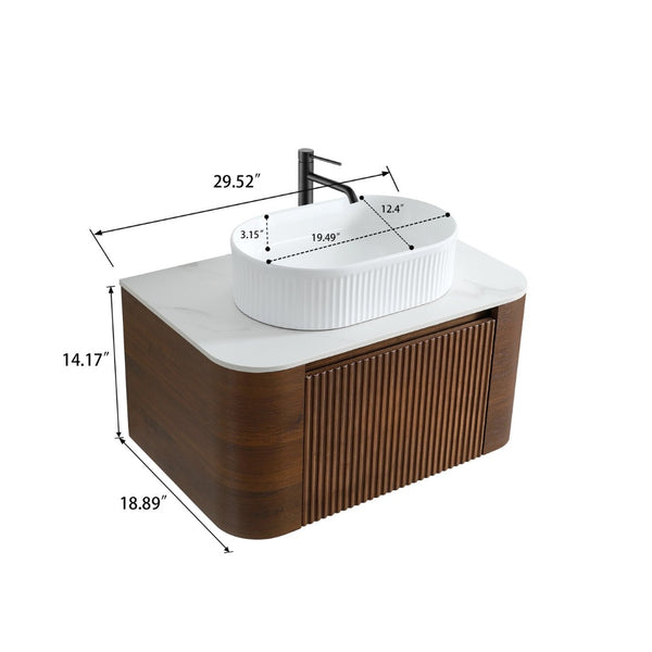 English Elm Erba 30 Inch Fluted Wall Mount Bathroom Vanity with Ceramic Basin and Soft Close Storage Walnut White W1865S00276