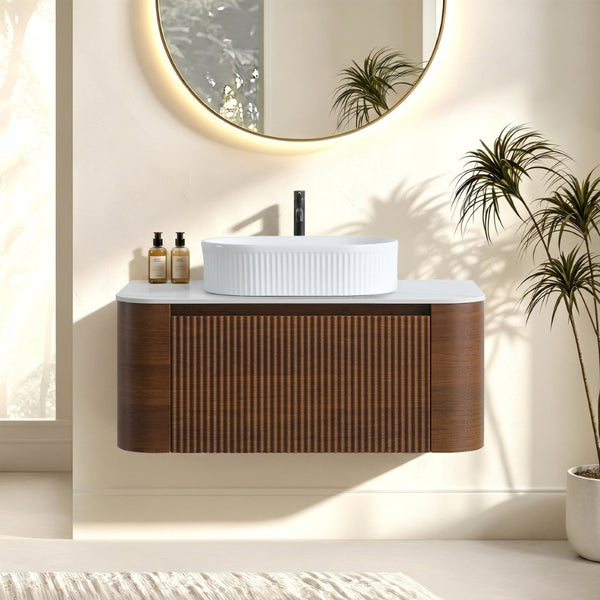 English Elm Erba 36 Inch Fluted Bathroom Vanity with Ceramic Vessel Sink and Matching Towel Rack Walnut White W1865S00277