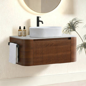 English Elm Erba 36 Inch Fluted Bathroom Vanity with Ceramic Vessel Sink and Matching Towel Rack Walnut White W1865S00277