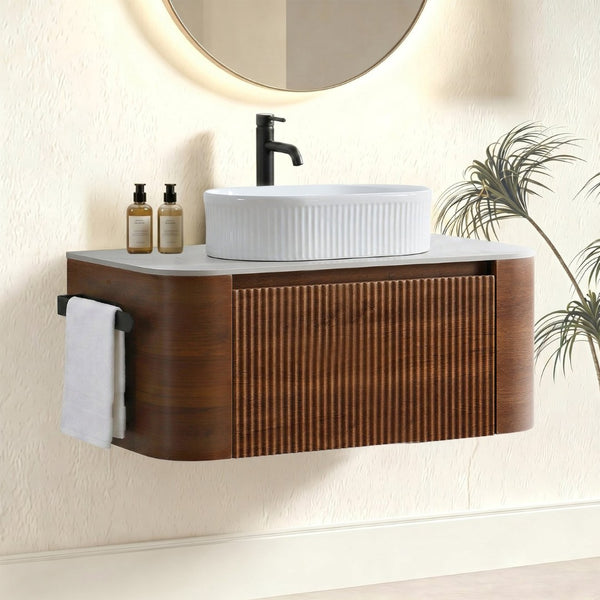 English Elm Erba 36 Inch Fluted Bathroom Vanity with Ceramic Vessel Sink and Matching Towel Rack Walnut White W1865S00277
