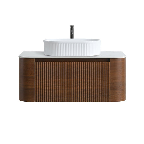 English Elm Erba 36 Inch Fluted Bathroom Vanity with Ceramic Vessel Sink and Matching Towel Rack Walnut White W1865S00277
