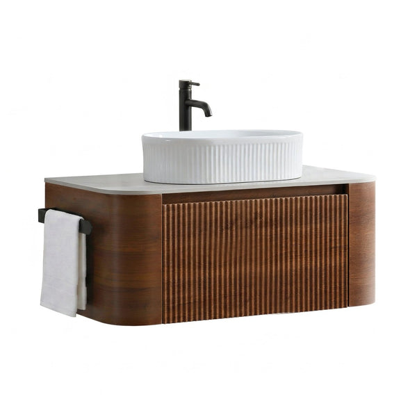 English Elm Erba 36 Inch Fluted Bathroom Vanity with Ceramic Vessel Sink and Matching Towel Rack Walnut White W1865S00277