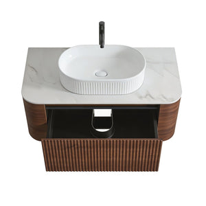 English Elm Erba 36 Inch Fluted Bathroom Vanity with Ceramic Vessel Sink and Matching Towel Rack Walnut White W1865S00277