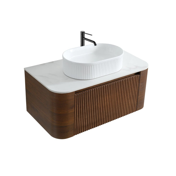 English Elm Erba 36 Inch Fluted Bathroom Vanity with Ceramic Vessel Sink and Matching Towel Rack Walnut White W1865S00277