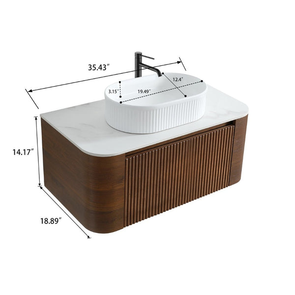 English Elm Erba 36 Inch Fluted Bathroom Vanity with Ceramic Vessel Sink and Matching Towel Rack Walnut White W1865S00277