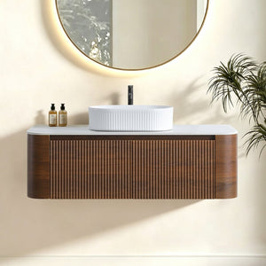English Elm Erba 48 Inch Fluted Wall Mount Bathroom Vanity with Oval Ceramic Basin and Towel Rack Walnut White W1865S00278